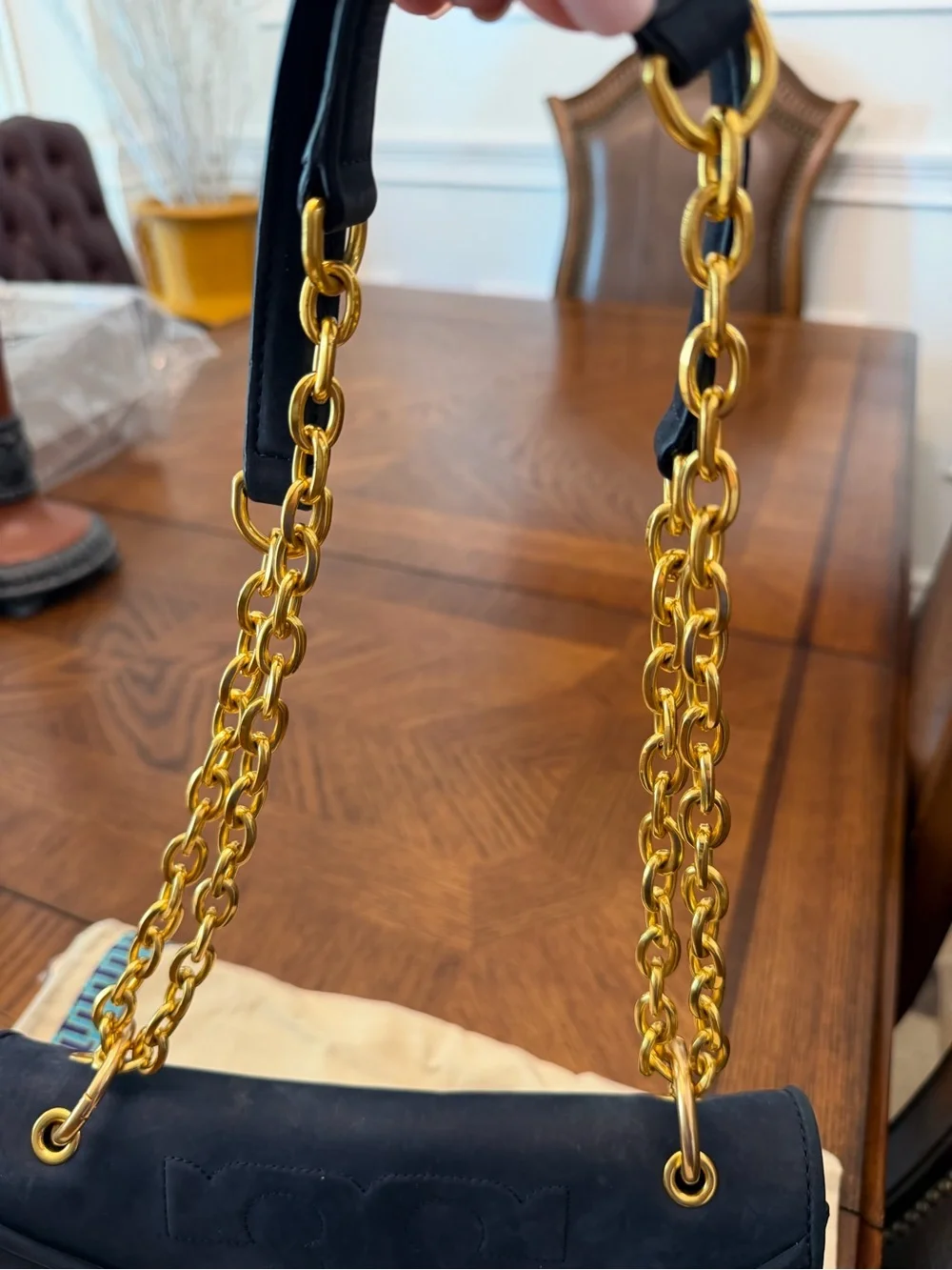 Tory Burch Black Suede Quilted Shoulder Bag with Gold Chain